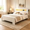 Wooden Bed Frame with Storage In the Headboard, LED Lighting, Integrated Outlets, Modern Platform Bed In White 140 X 200 Cm