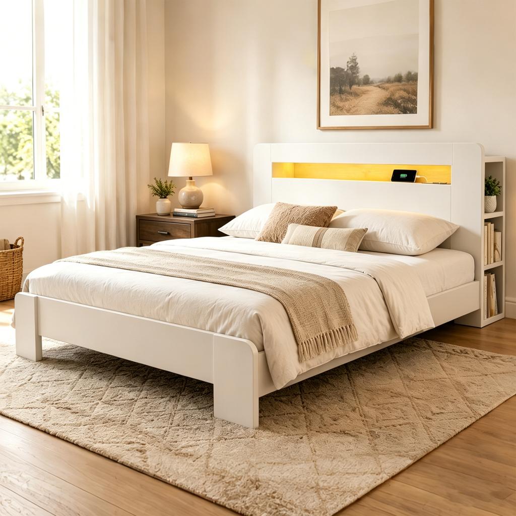Wooden Bed Frame with Storage In the Headboard, LED Lighting, Integrated Outlets, Modern Platform Bed In White 140 X 200 Cm