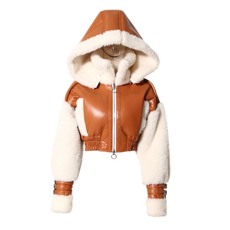 Shearling Faux Fur Short Jacket Women Winter Retro Streetwear Hooded Biker Coat Chocolate