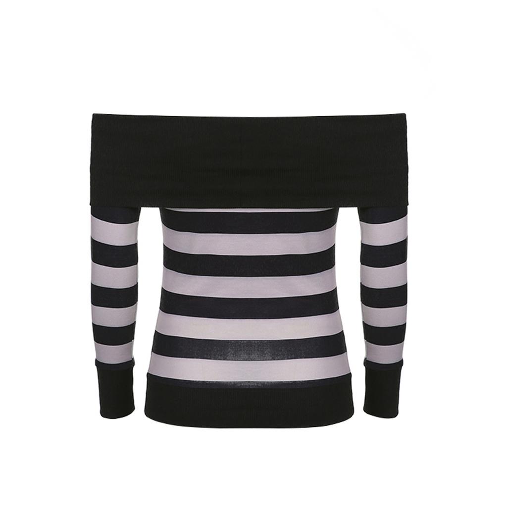 Female Casual Tops, Striped Boat Neck Long Sleeve Blouse Pullover for Spring Autumn, Black, S/M/L