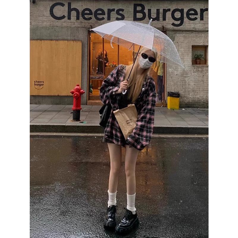 Women's Retro Black & Pink Plaid Shirt - Spring/Autumn 2024 Collection: Loose, Casual, Lazy Style, Long Sleeve Jacket Design.