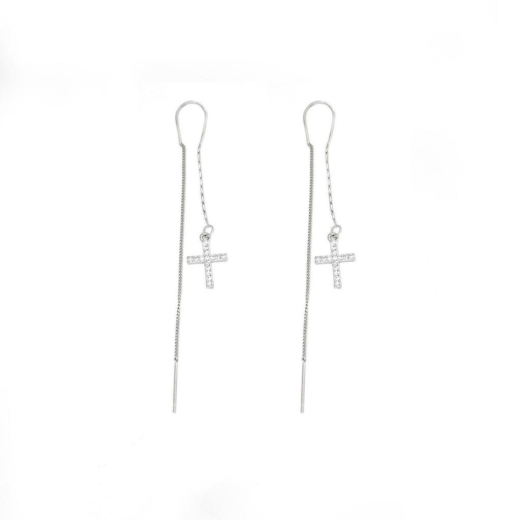 Elegant Korean-Style Long Tassel Cross Earrings with Inlaid Diamonds for Women
