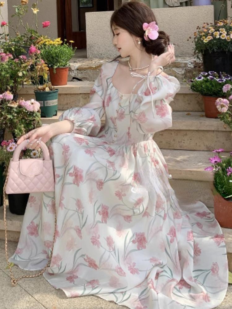 

Элегантное винтажное свободное платье с квадратным вырезом, женское модное дизайнерское платье с принтом и длинными рукавами, рюшами, женское французское шикарное платье на шнуровке, новая одежда XL розовый