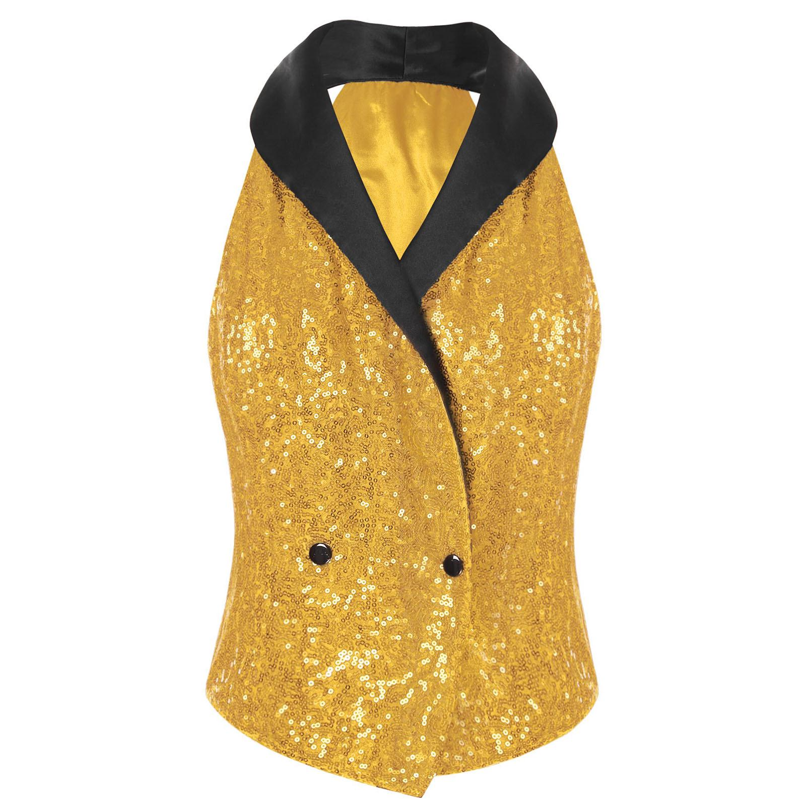 

Жіноча блискуча блузка з паєтками, V-подібний виріз, лацкани, дизайн без рукавів, застібка на кнопках спереду, святковий топ S