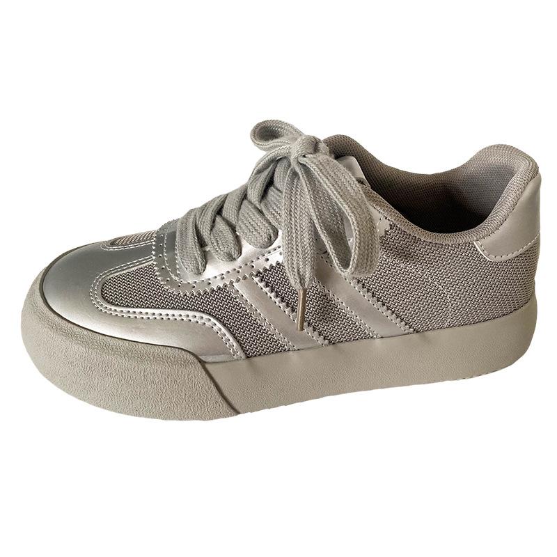 

H1357 білі кросівки на товстій підошві з сіткою жіночі літні дихаючі кеди нішевий шик2024 нові круглий носок німецькі тренувальні кросівки 40 срібло сірий колір