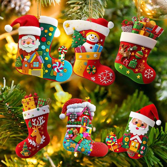Christmas Socks Santa Claus Red Hanging Ornament Acrylic Decorative Keychain Pendant Xmas Stockings Wall Decoration