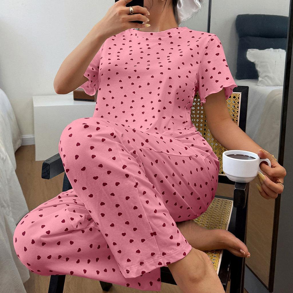 Cotton Pajamas For Women With Heart Print Comfortable Lounge Sleepwear Set For Home And Travel