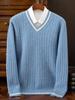 Men's Wool V-Neck Color Block Sweater - Thick Cable Knit for Fall/Winter