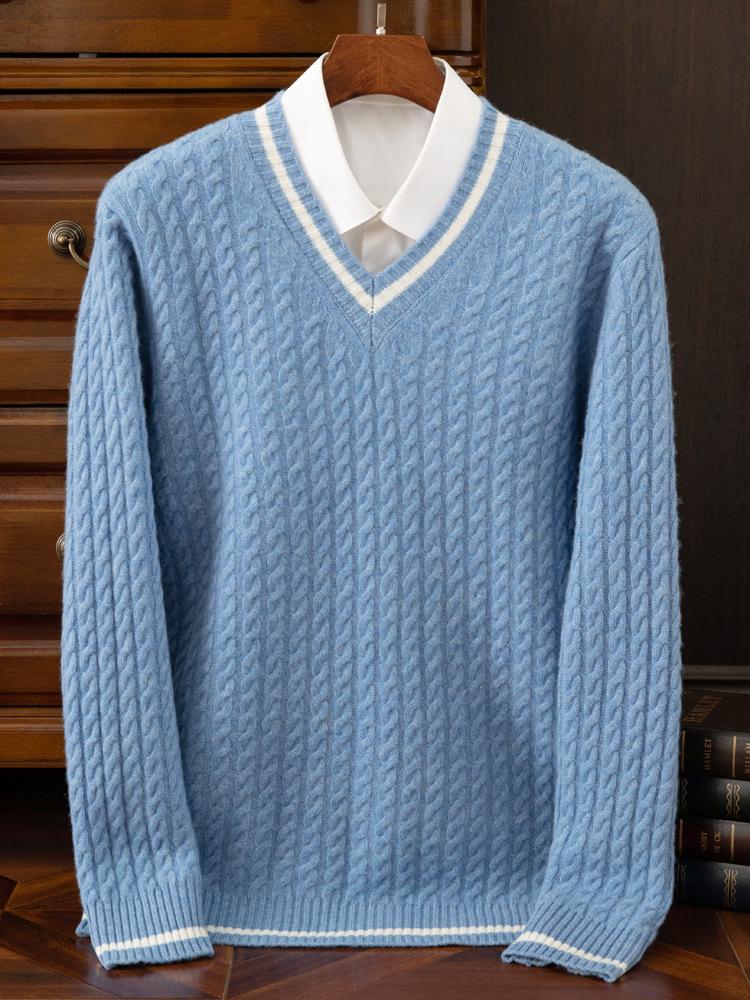 Men's Wool V-Neck Color Block Sweater - Thick Cable Knit for Fall/Winter