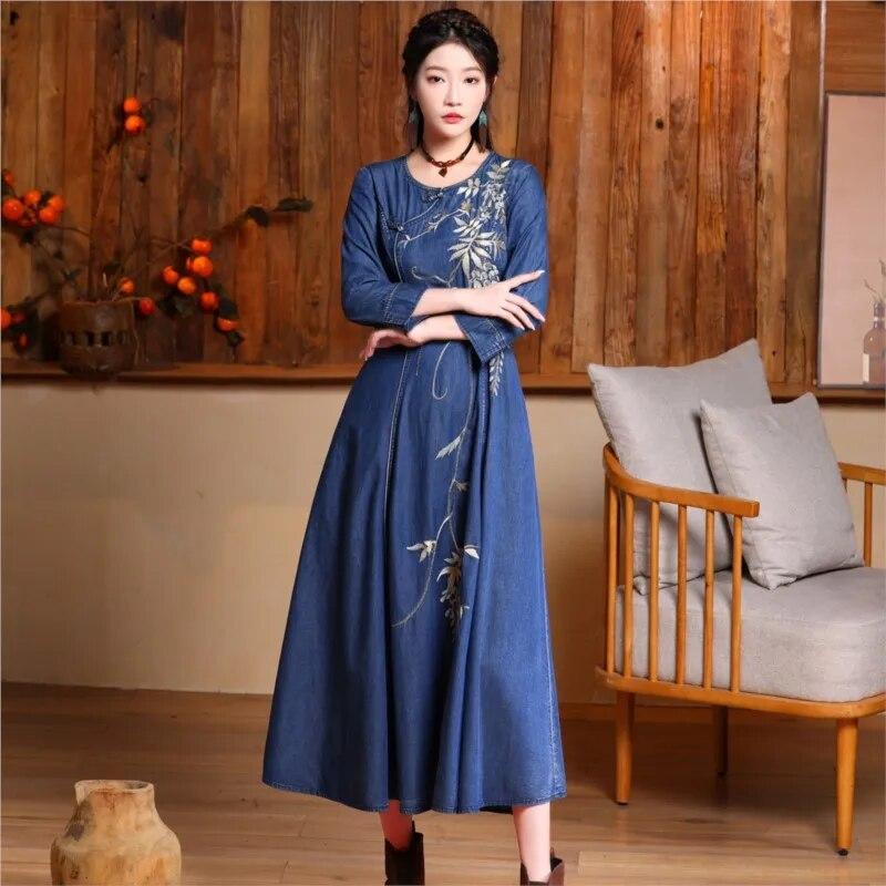Johnature Kvinne Vår Kinesisk stil Nisje Spenne Kjole Mote Broderi Uformell Vintage bomull Langermet Kjole
