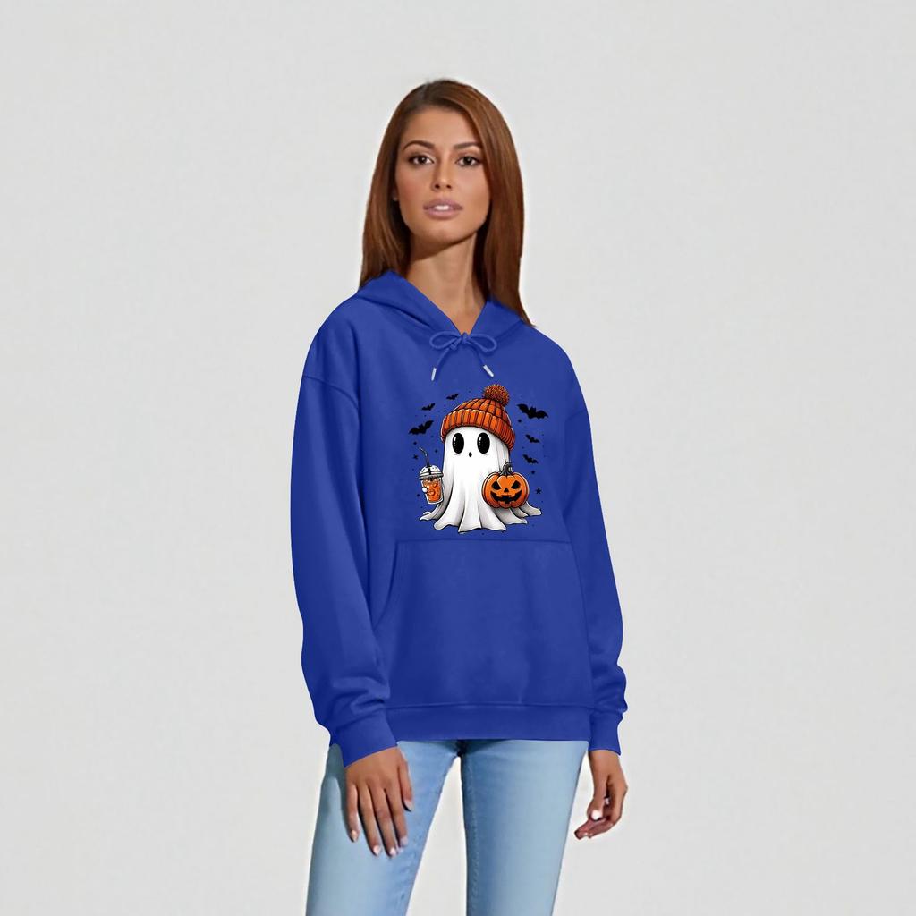 Women's O-neck Long Sleeve Halloween Printed Top Solid Color Hoodie