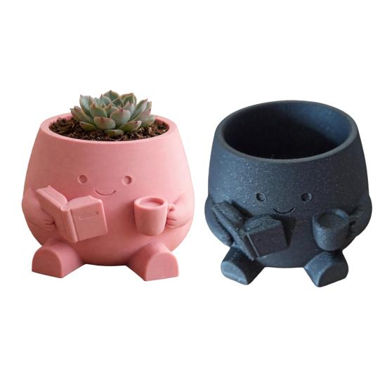 Sød Smilende Ansigt Planteholder, 3D Printet Læsende Hoved Planteholder, Siddende Figur Med Bog Og Kop Plante Pot til Sukkulenter Kaktus Skrivebordsdekoration