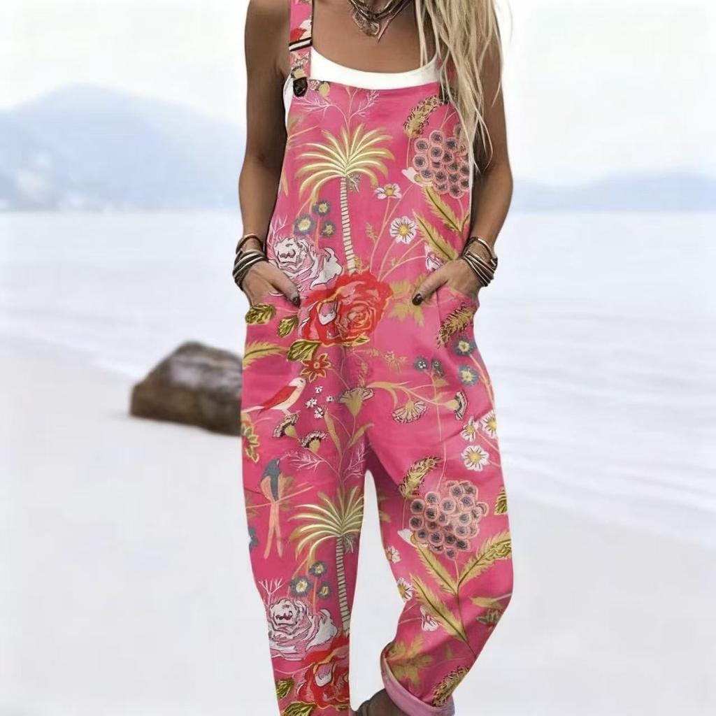 Women's Sleeveless Mid Rise 3D Digital Print Loose Casual Overalls Jumpsuit For Summer