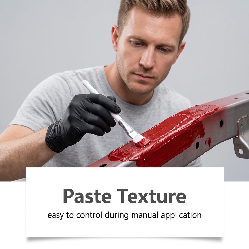 Rostschützende Paste für Autos, rot, entwickelt, um auf Metall zu haften und Witterungsbeständigkeit, Stabilität und eine Barriere gegen Feuchtigkeit zu bieten.