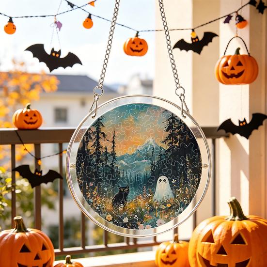 Durable Acrylic Halloween Suncatcher Jigsaw Puzzle Set, Spooky Ghost Floral Meadow Window Hanging Ornament with Metal Porch Decoration Frame & Chain,