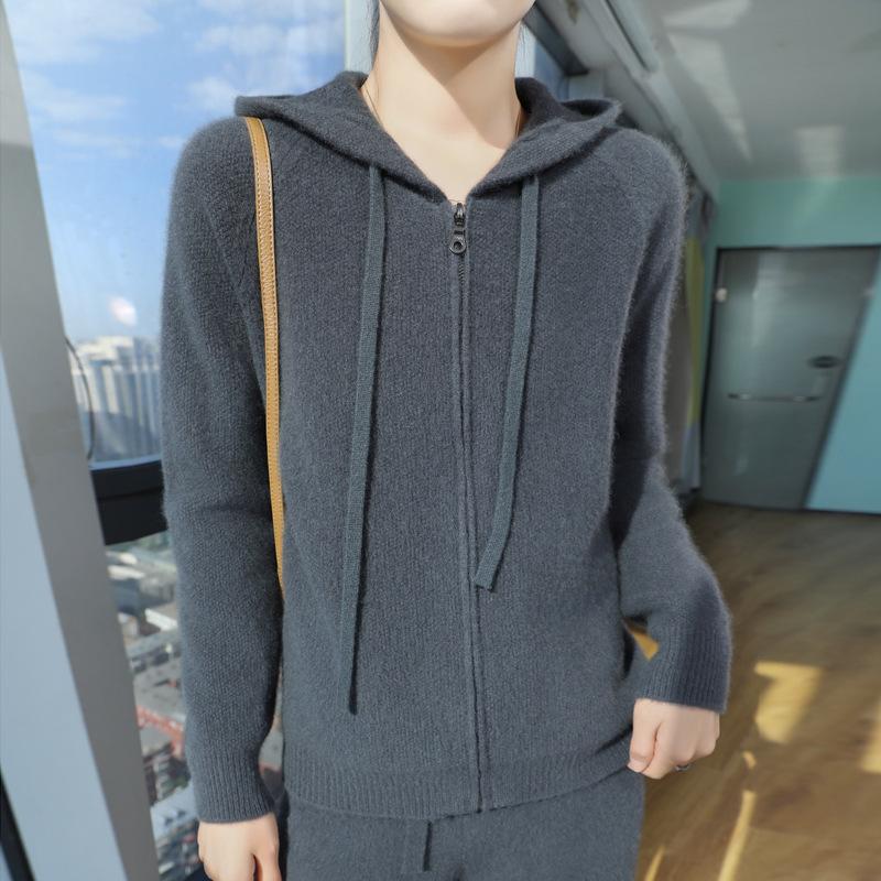 Wool Knitted Jacket for Women Solid Color Autumn and Winter Women's Hooded Double Zipper Sweater Cardigan Thick Top