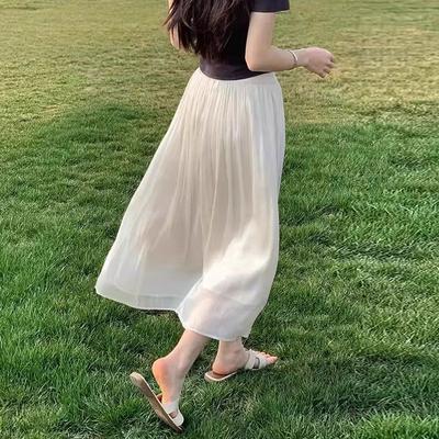 Spring/Autumn Flowing Mesh Midi Skirt for Women - Drape Elegant Tulle Slim-Fit Pleated Half Skirt