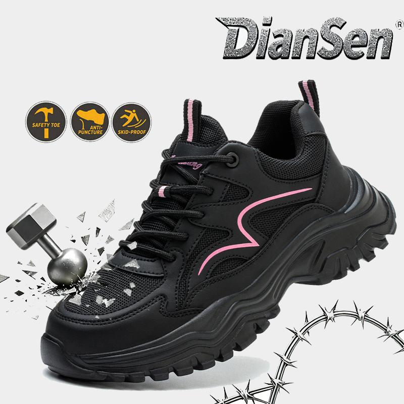 Slip-Resistant Lightweight Breathable Womens Steel Toe Sneakers, Anti-Smash Anti-Puncture Work Safety Shoes For Ladies Black
