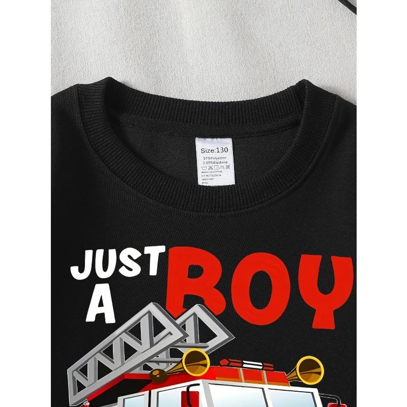 Unisex Crew Neck Fashion Sweatshirt , Just A Boy Who Loves Fire Trucks, Autumn And Winter Western Style Top, Casual Multi Colored Option For Little