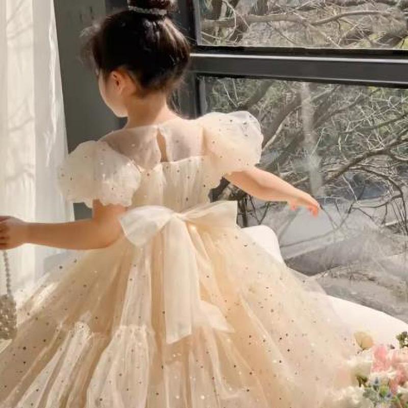 

Платье для девочек принцессы на день рождения с бантом летняя юбка с рукавами-фонариками из сетки с пайетками милое симпатичное 100cm шампанского