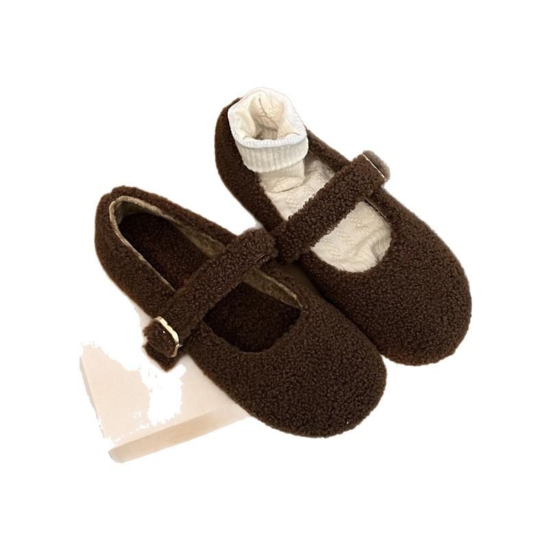 2025 autumn and winter new Mary Jane Mao Mao shoes women's outer wear Korean version of one-word buckle single shoes flat-bottomed velvet thermal cot
