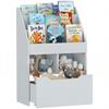 Children's Bookshelf, Wooden, 3 Compartments, 2 Cubes, Drawer, 4 Wheels, 60 X 29.9 X 90 Cm, Grey