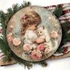 Vintage White Cat Floral Metal Sign, Retro Foil Print Wall Art for Home Kitchen Decor