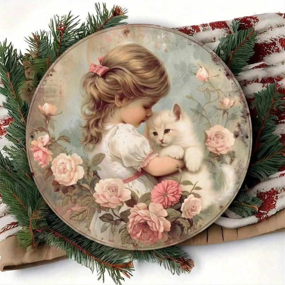 Vintage White Cat Floral Metal Sign, Retro Foil Print Wall Art for Home Kitchen Decor