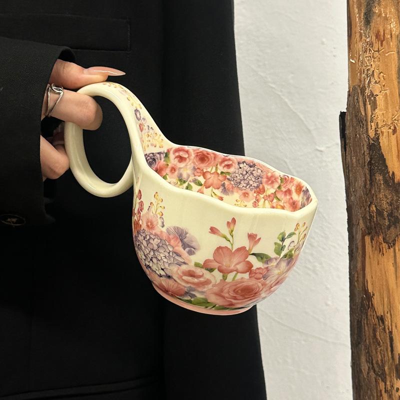 Flowers are like brocade, handle cup, high-value coffee cup, ceramic water cup, office large-capacity mug, birthday gift.