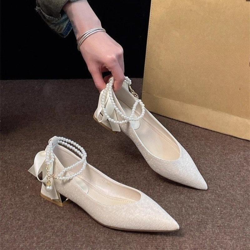 Fashion Stylish Square Heel Single Shoes Women's Pointed Toe Shallow Mouth Beaded Bow Non-Slip Low Heel Shoes