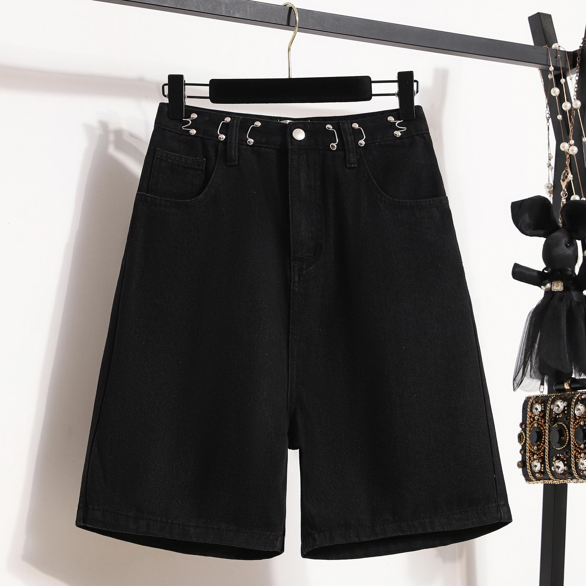 

DIMANAF Plus Size Women Jeans Shorts Pants 2025 Buttons Summer Loose Short Basic High Waist Solid Pants Elastic Waist 4XL чёрный