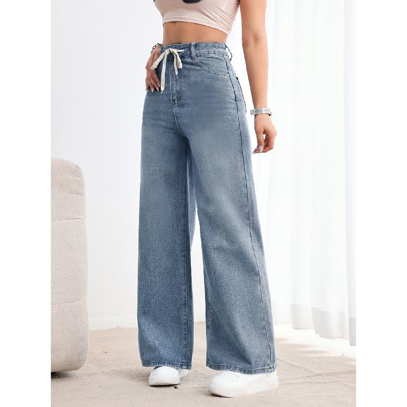 European And American Cross-Border Trade Commuter Versatile Retro Blue Washed High-Waisted Straight-Leg Jeans Floor-Length JEANS Classic