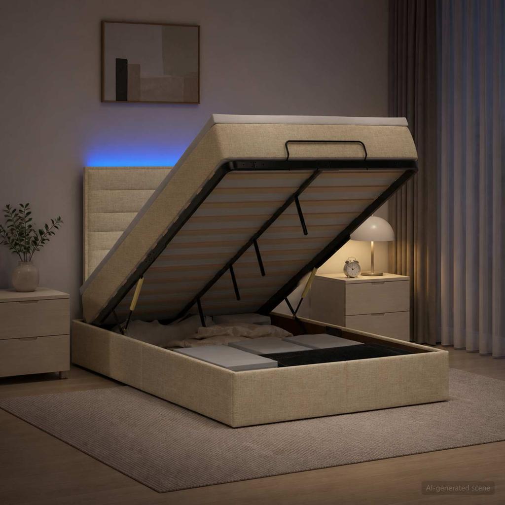 Ottoman Bed with Mattress and LED Cream 120 X 200 Cm Fabric