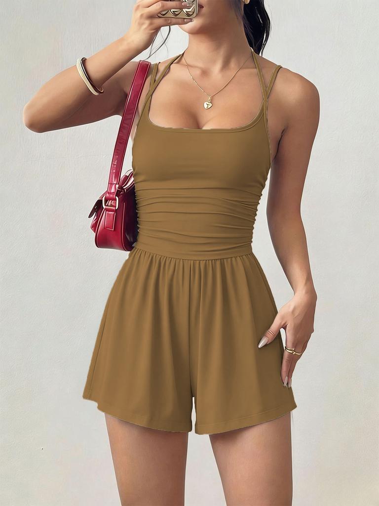 Fashionable Women's Casual Summer Wide-Leg Loose Wrap Front Belted Bodysuit Shorts