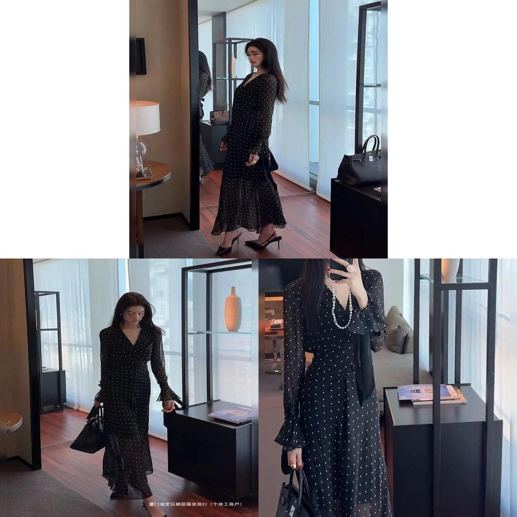 Elegant Black Polka Dot Long Dress With V Neck And Bell Sleeves For Spring Summer Vacation Wear