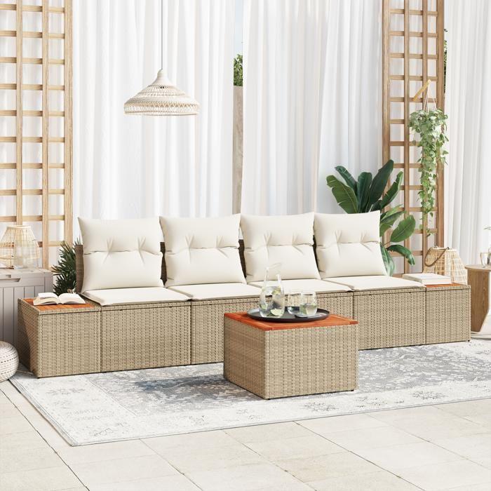 VidaXL Ensemble de Canapés de Jardin 5 Pièces avec Coussins Beige Poly Rattan Acacia 3348022