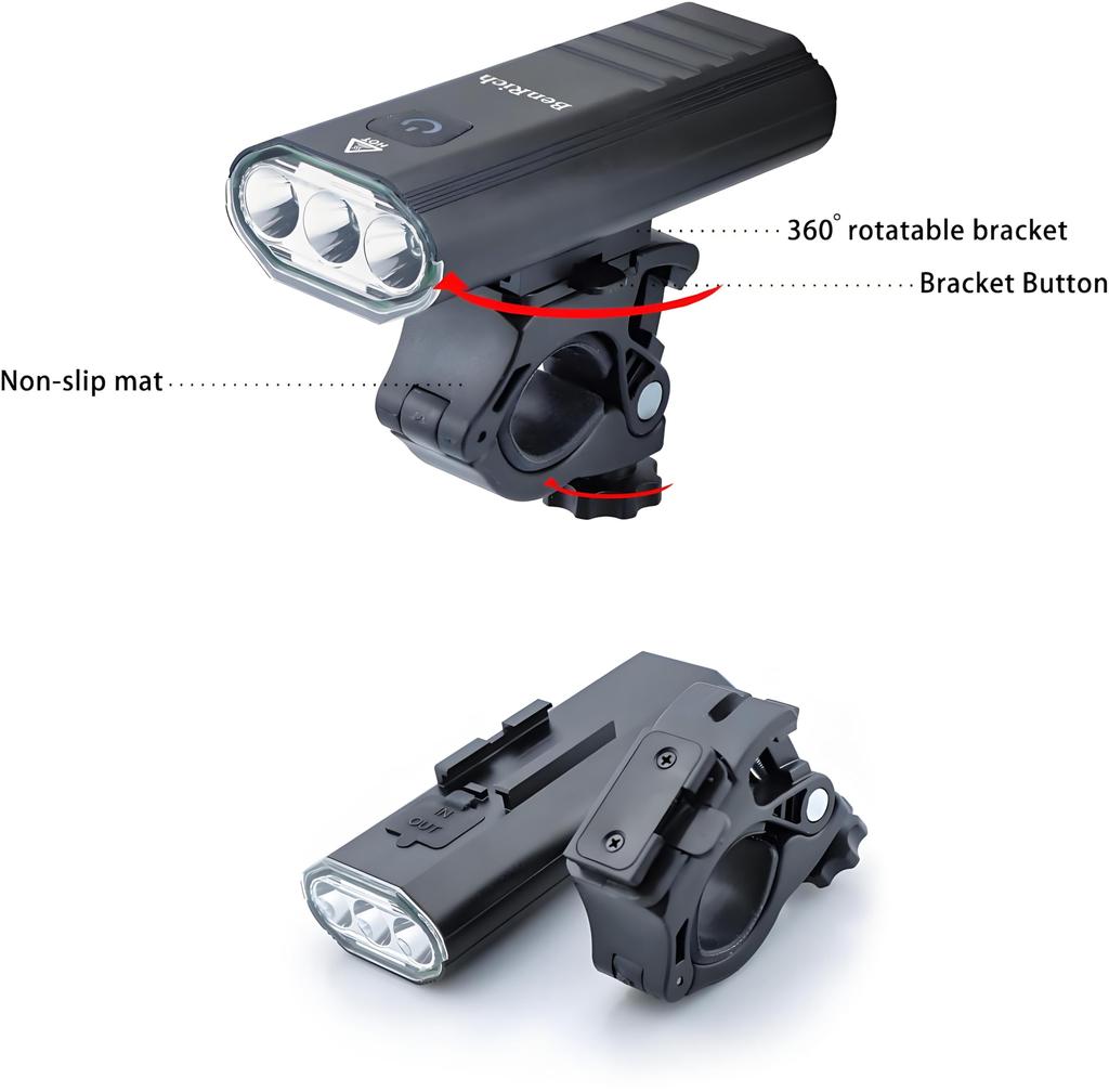 BenRich Bicycle Waterproof USB 3000 High Three Road Bike Headlight Rubber Sheet Emergency Disaster Japanese Instruction Manual Included Light, LED,