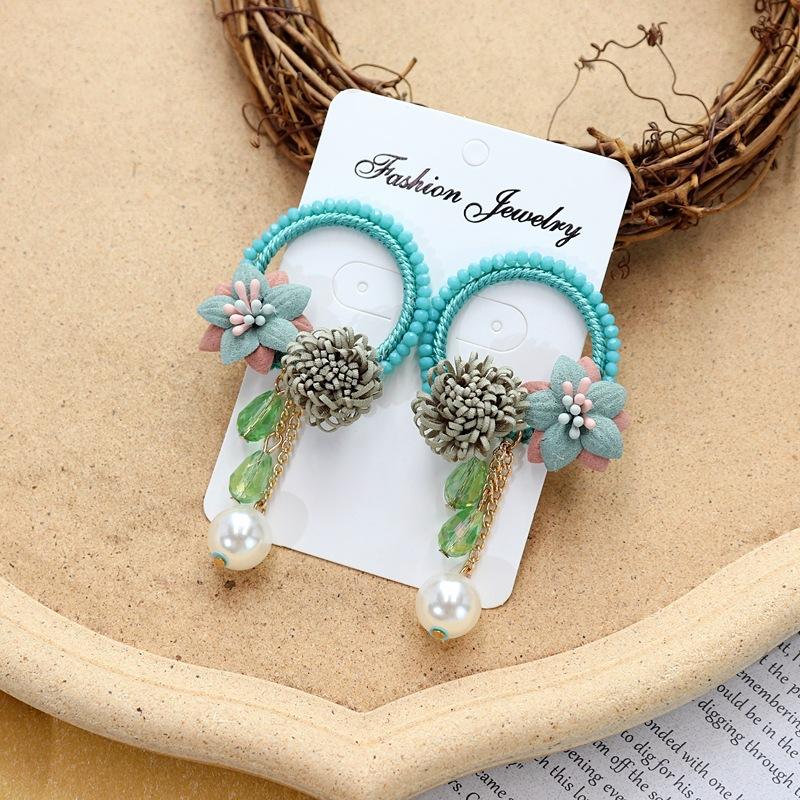 Vintage crystal flower big circle stud earrings long temperament personalized vacation earrings bohemian earrings women