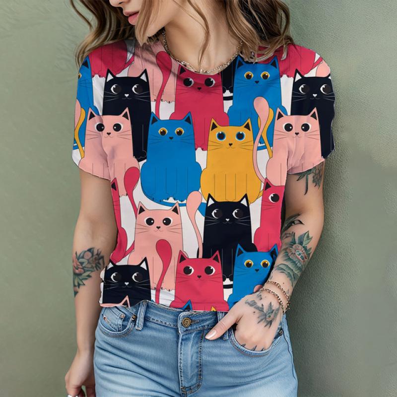 Summer Women's T Shirt Anime Cat 3D Print Women's Fashion Short Sleeve Fun Kawaii Animal Pattern T Shirt Women's T Shirt Kids
