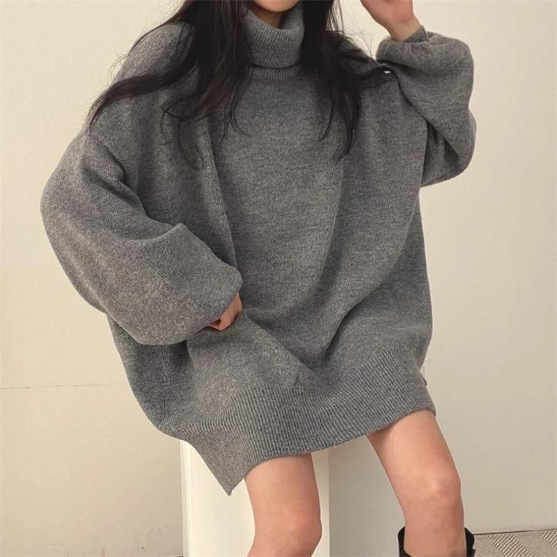 

Зимний повседневный вязаный длинный рукав однотонный мешковатый свитер корейская мода женский шикарный водолазка теплый сексуальный свитер XXL серый