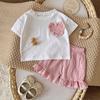 Girls' Plaid Heart Embroidered Short-Sleeve Two-Piece Set