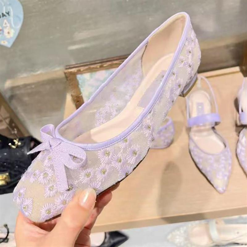 Fashion Embroidery Flower Decoration Mesh Ballet Flats Women Cute Butterfly Knot Design Loafers Low Heel Comfortable Shoes for Women