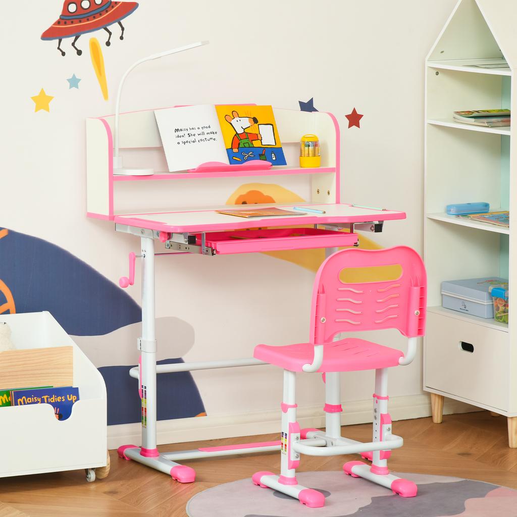 Scrivania Scolastica per Bambini 6-12 Anni Regolabile con Luce LED, Pupitre e Portapenne, in MDF, PP e Acciaio, Rosa