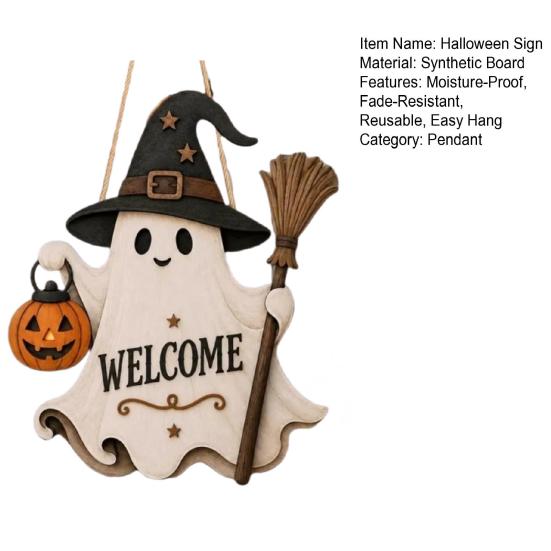 Cute Halloween Hanging Wooden Door Sign, Ghost Welcome Ornament with Witch Wall Decor Hat Pumpkin Lantern Design, Holiday for Front Porch Entryway