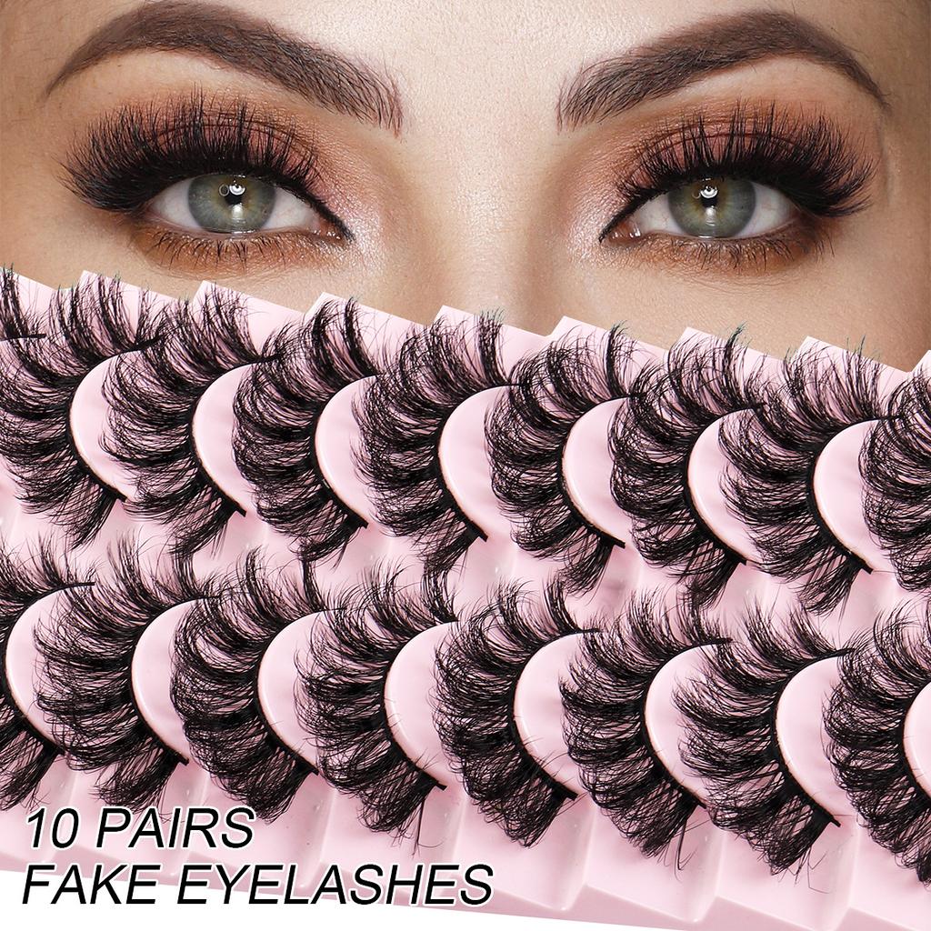10 paires de faux cils à tiges rigides, imitation poil de vison naturel, style ébouriffé, désordonné, recourbé et épais