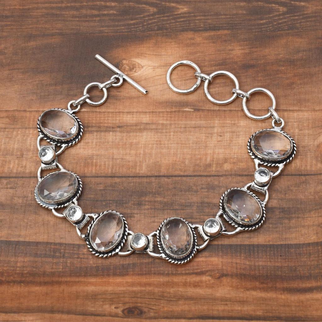 White Topaz Gemstone : 925 Sterling Silver Handmade Multi Gemstone Bracelet Jewelry