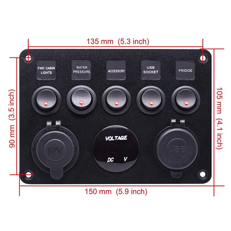 Truck Dual USB 5 Gang Toggle Control Switch Panel RED LED Voltmeter 12V 24V Car Boat Marine