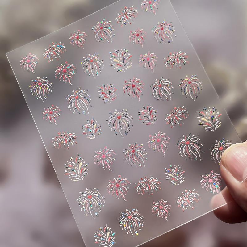 Fireworks Nail Stickers Rainbow Laser Silver Pink Blooming Firework New Year Celebration Nail Art Decals Decoration