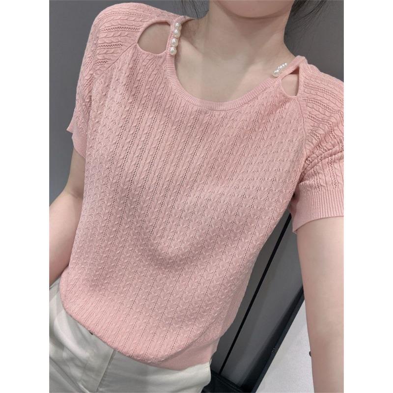 Womens Hollow Out Shoulder Pearl Decor Short Sleeve Knit Top S розовый
