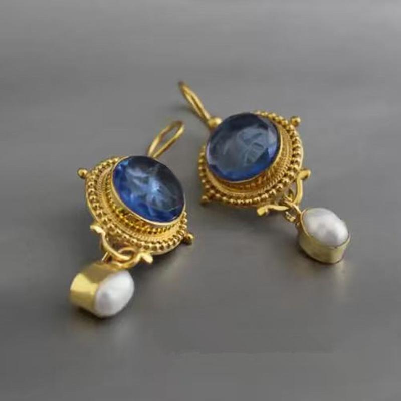 Xiaomi Huitan Blue Stone Gold Color Drop Earrings for Women Bohemian Style Elegant Imitation Pearl Trendy Party Daily Versatile Jewelry